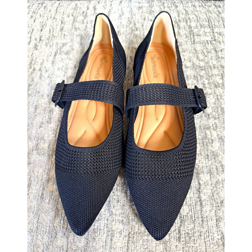 Semwiss Womens Black Knit Mary Jane Flats Buckle Strap Pointed Toe EU 40